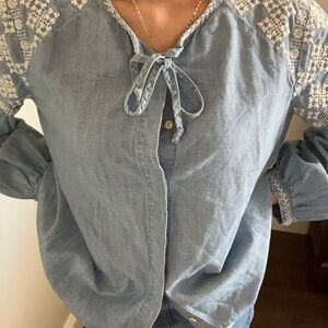 Madewell Chambray Blue Embroidered Blouse